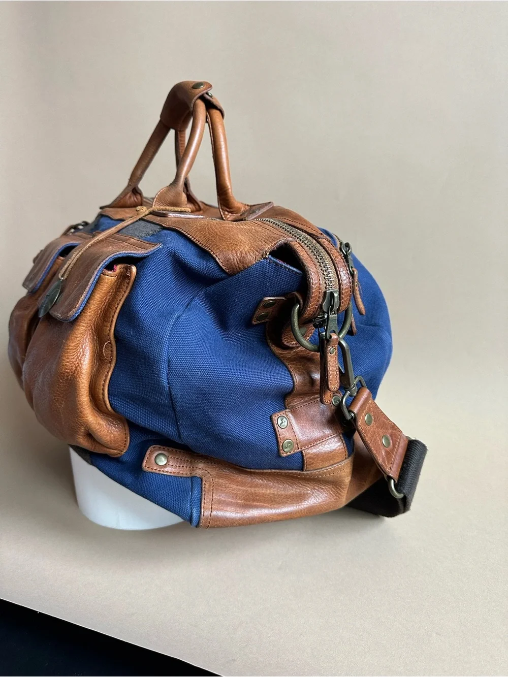Will Leather Goods Blue Canvas Leather Duffel Bag Shoulder Strap Travel